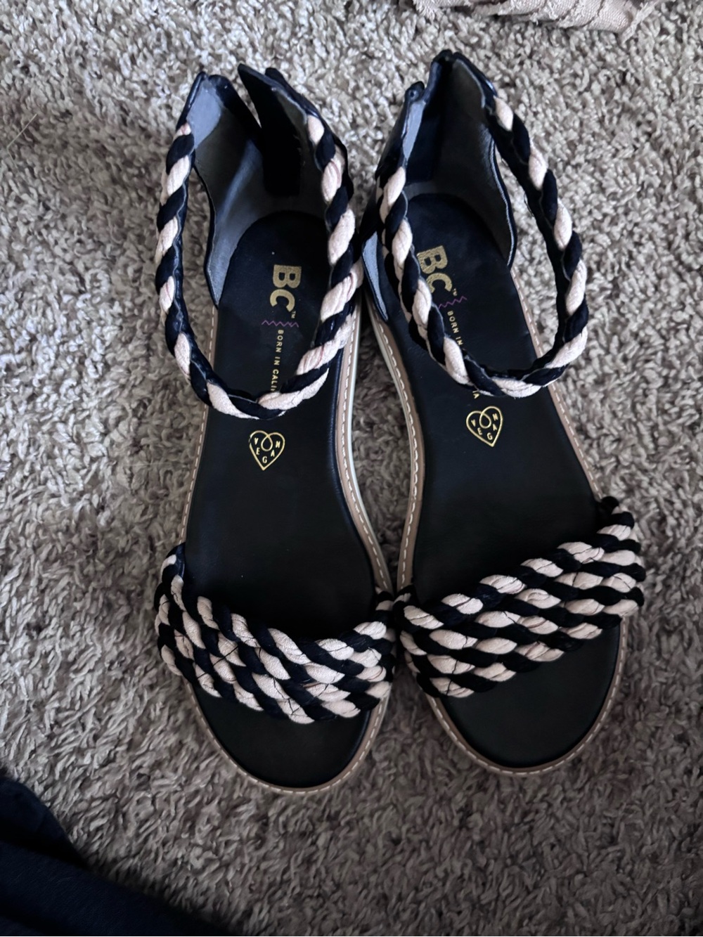 BC Footwear Black and Beige Braided Ankle-Strap Sandals
